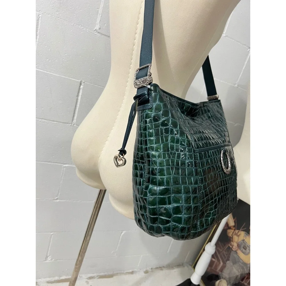 Brighton Collection Green Croc Embossed Patent Leather Crossbody Shoulder Bag